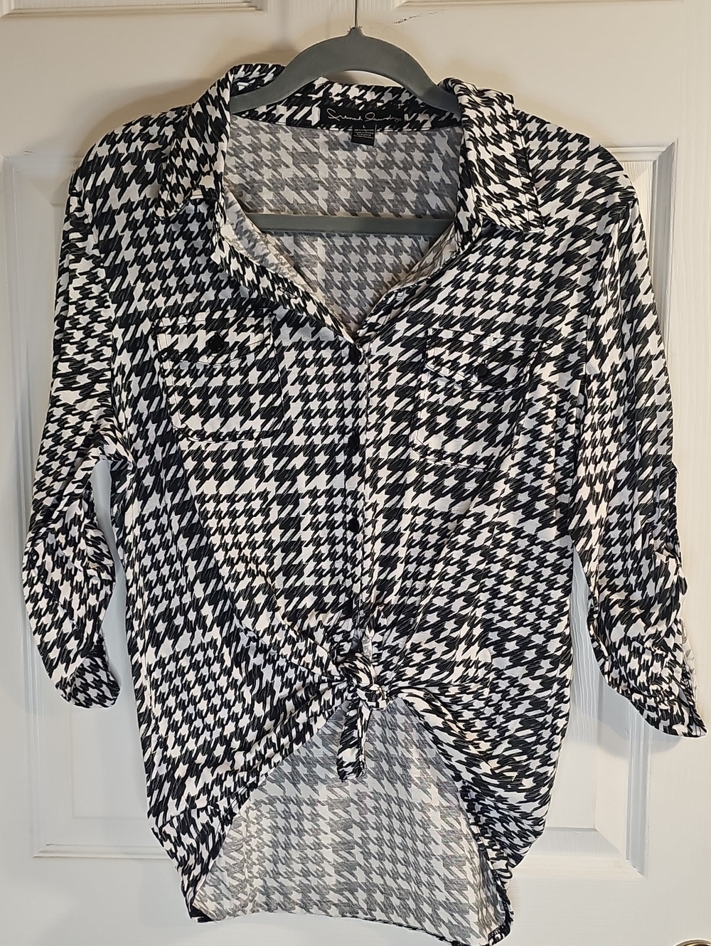French Laundry Black and White Houndstooth Tie-Front Button Down Shirt